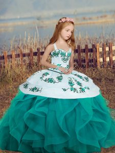 Teal High School Pageant Dress For with Embroidery and Ruffles Straps Sleeveless Lace Up