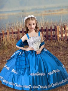 Blue Sleeveless Satin Lace Up Pageant Gowns For Girls for Wedding Party