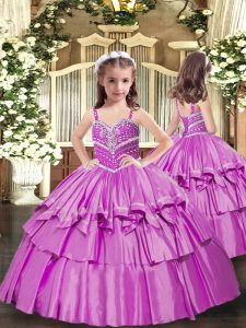 Dazzling Floor Length Lace Up Kids Pageant Dress Lilac for Party and Wedding Party with Beading
