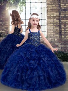 Pretty Blue Straps Neckline Beading and Ruffles Kids Pageant Dress Sleeveless Lace Up