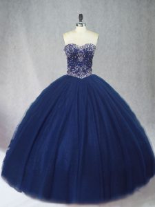 Glamorous Navy Blue Ball Gowns Tulle Sweetheart Sleeveless Beading Floor Length Lace Up Sweet 16 Quinceanera Dress