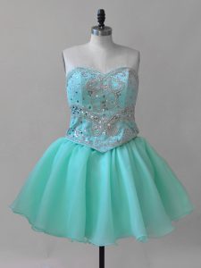Aqua Blue Organza Lace Up Sweetheart Sleeveless Mini Length Evening Dress Beading and Lace
