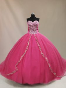 Tulle Sweetheart Sleeveless Court Train Lace Up Beading 15th Birthday Dress in Hot Pink
