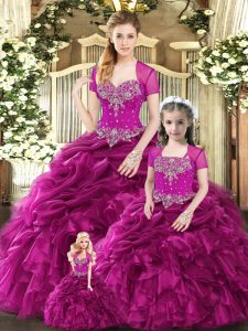 Inexpensive Fuchsia Quince Ball Gowns Military Ball and Sweet 16 and Quinceanera with Beading and Ruffles and Pick Ups S