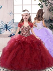 Red Tulle Lace Up Straps Sleeveless Floor Length Evening Gowns Beading