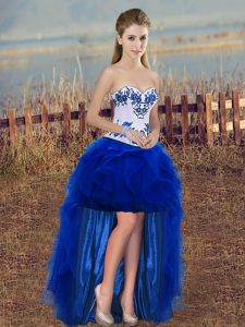 Sleeveless High Low Embroidery and Ruffles Lace Up with Royal Blue