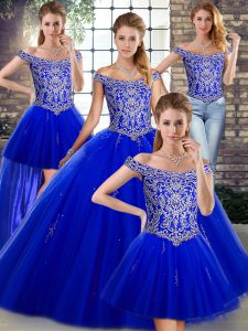 New Arrival Royal Blue Tulle Lace Up Vestidos de Quinceanera Sleeveless Floor Length Beading