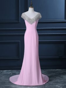 Delicate Chiffon Cap Sleeves Prom Dresses Court Train and Beading