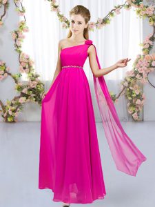 Fashionable Hot Pink Chiffon Lace Up Bridesmaid Dresses Sleeveless Floor Length Beading and Hand Made Flower