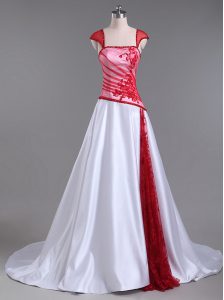 Vintage Strapless Cap Sleeves Prom Dress Court Train Lace and Appliques White And Red Satin