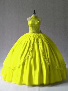 Ideal Yellow Green Tulle Lace Up Halter Top Sleeveless Floor Length Quinceanera Dresses Appliques