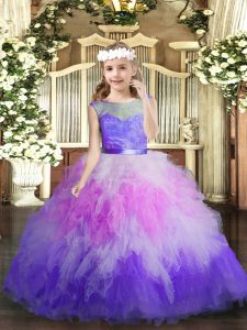 Perfect V-neck Sleeveless Pageant Gowns For Girls Floor Length Lace and Ruffles Multi-color Tulle