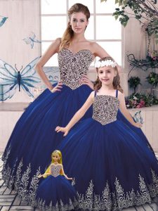 Tulle Scoop Sleeveless Lace Up Beading and Appliques Quinceanera Dress in Royal Blue