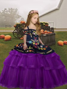 Purple Lace Up Straps Embroidery and Ruffled Layers Little Girl Pageant Gowns Tulle Sleeveless