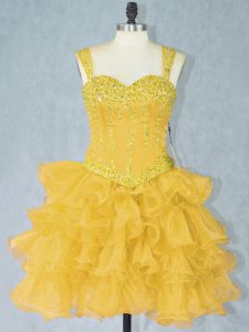 Sleeveless Organza Mini Length Lace Up Prom Dress in Gold with Beading and Ruffled Layers