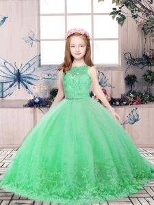 Green Ball Gowns Scoop Sleeveless Tulle Floor Length Backless Lace and Appliques Kids Formal Wear