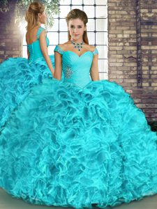 Extravagant Aqua Blue Sleeveless Organza Lace Up 15th Birthday Dress for Military Ball and Sweet 16 and Quinceanera
