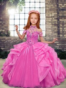 High-neck Sleeveless Lace Up Little Girls Pageant Gowns Rose Pink Organza