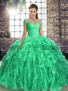 Gorgeous Organza Off The Shoulder Sleeveless Brush Train Lace Up Beading and Ruffles Quinceanera Dresses in Turquoise