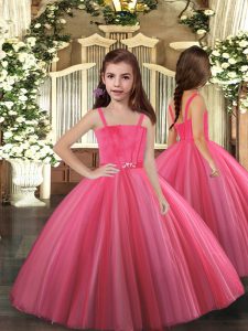 Stunning Floor Length Hot Pink Child Pageant Dress Straps Sleeveless Lace Up