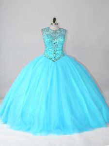 Flirting Aqua Blue Ball Gowns Scoop Sleeveless Tulle Floor Length Lace Up Beading Quinceanera Dresses
