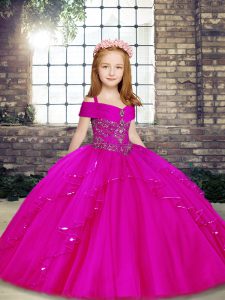 Sleeveless Floor Length Beading Lace Up Girls Pageant Dresses with Fuchsia