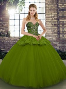 Ideal Sleeveless Floor Length Beading and Appliques Lace Up 15 Quinceanera Dress with Olive Green