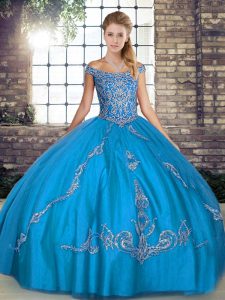 Beading and Embroidery Sweet 16 Dresses Blue Lace Up Sleeveless Floor Length