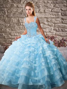 Blue Ball Gowns Organza Straps Sleeveless Beading and Ruffled Layers Lace Up 15 Quinceanera Dress Court Train