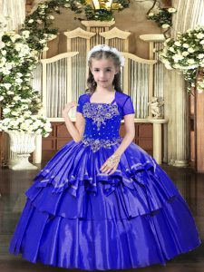 Beading and Ruffled Layers Little Girls Pageant Dress Wholesale Blue Lace Up Sleeveless Floor Length