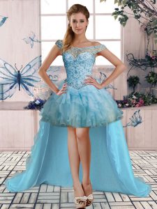 Popular High Low Light Blue Prom Dress Off The Shoulder Sleeveless Lace Up