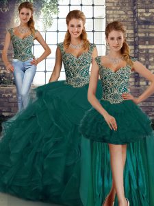 Low Price Sleeveless Tulle Floor Length Lace Up Quinceanera Gown in Peacock Green with Beading and Ruffles