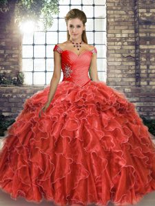 Coral Red 15 Quinceanera Dress Off The Shoulder Sleeveless Brush Train Lace Up