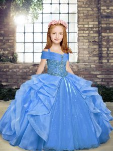 Perfect Blue Lace Up Straps Beading and Ruffles Girls Pageant Dresses Organza Sleeveless