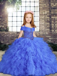 Straps Sleeveless Pageant Dress Toddler Floor Length Beading and Ruffles Blue Tulle