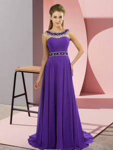 Purple Sleeveless Beading Zipper Prom Party Dress