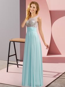 Excellent Scoop Sleeveless Bridesmaid Dresses Floor Length Beading Aqua Blue Chiffon