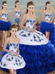 Custom Fit Royal Blue Sweetheart Lace Up Embroidery and Ruffled Layers and Bowknot Ball Gown Prom Dress Sleeveless