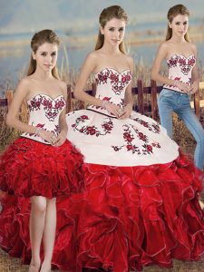 Simple White And Red Organza Lace Up Sweet 16 Quinceanera Dress Sleeveless Floor Length Embroidery and Ruffles and Bowkn