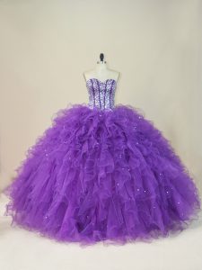 Purple Sleeveless Floor Length Beading and Ruffles Lace Up 15 Quinceanera Dress