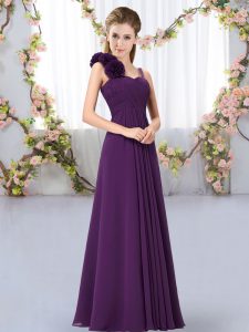 Hot Sale Dark Purple Chiffon Lace Up Bridesmaid Dresses Sleeveless Floor Length Hand Made Flower