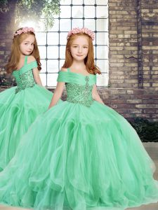 Custom Fit Sleeveless Tulle Floor Length Lace Up Child Pageant Dress in Apple Green with Beading and Ruffles