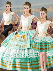 High End Apple Green Three Pieces V-neck Sleeveless Satin Floor Length Lace Up Embroidery and Ruffled Layers Quinceanera