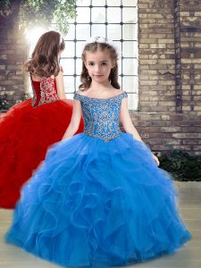 Floor Length Ball Gowns Sleeveless Blue Girls Pageant Dresses Lace Up