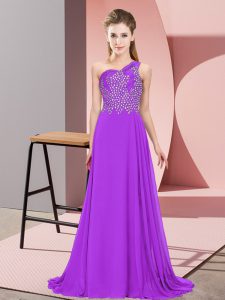 Purple Side Zipper Prom Gown Beading Sleeveless Floor Length