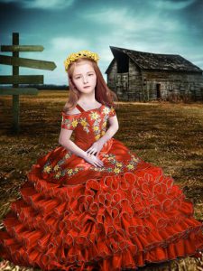 Orange Red Ball Gowns Embroidery and Ruffled Layers Little Girl Pageant Dress Lace Up Organza Short Sleeves Floor Length