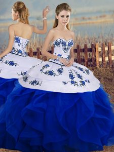Floor Length Lace Up Quinceanera Dress Royal Blue for Military Ball and Sweet 16 and Quinceanera with Embroidery and Ruf