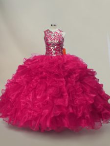 Exceptional Sweetheart Sleeveless Lace Up Quinceanera Gowns Hot Pink Organza