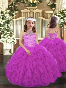 Fuchsia Lace Up Pageant Gowns For Girls Beading and Ruffles Sleeveless Floor Length