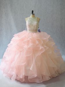 Luxury Beading and Ruffles Ball Gown Prom Dress Peach Backless Sleeveless Brush Train